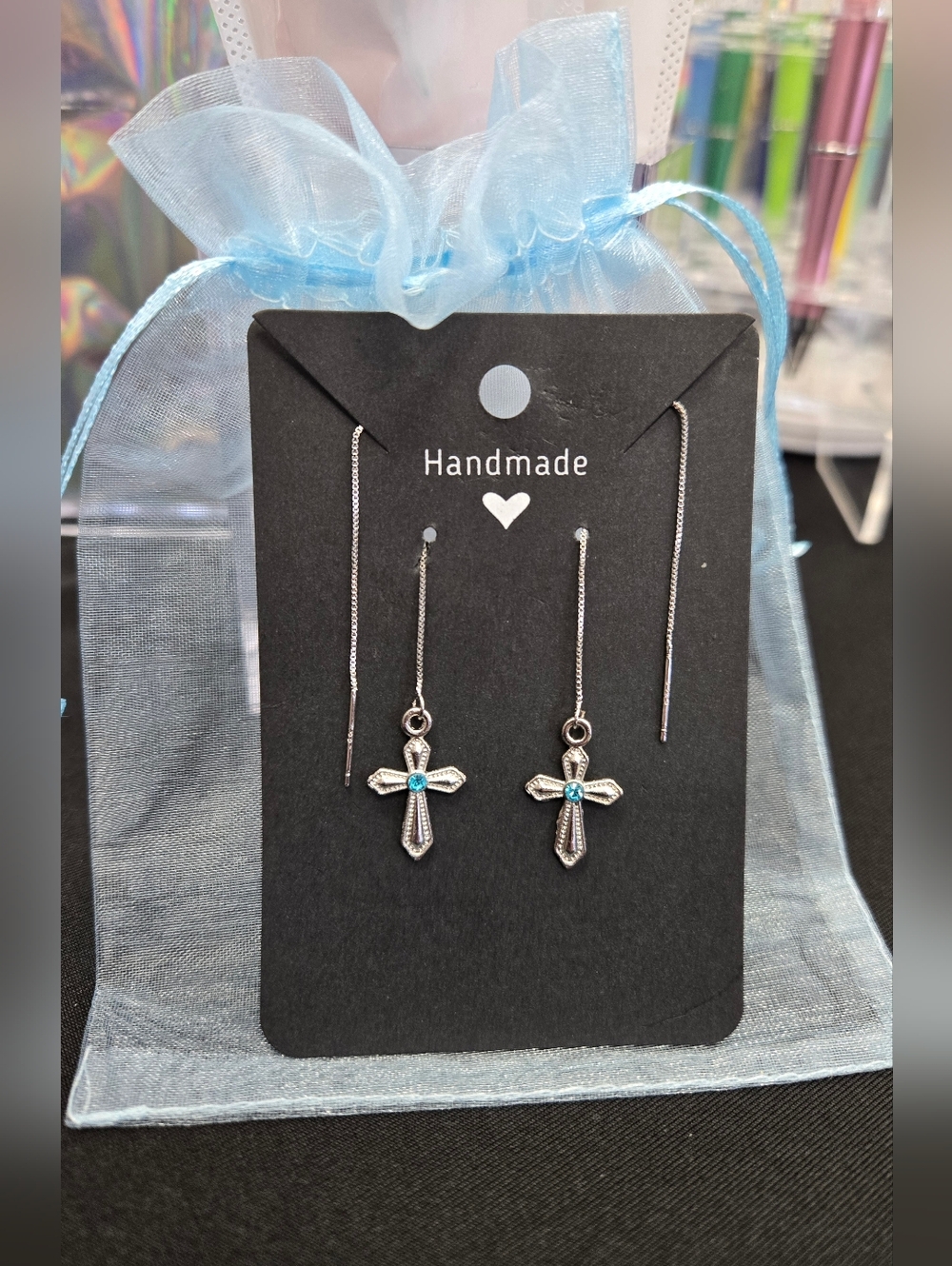 Cross Threader Earrings Silver And Blue - Hand Crafted